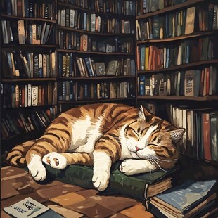 书堆中酣睡的可爱猫咪