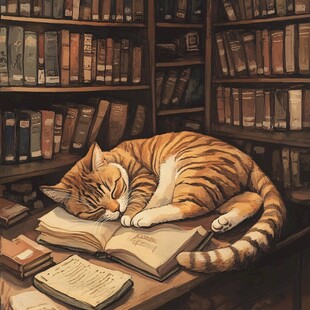 猫咪在书房书本上惬意安睡