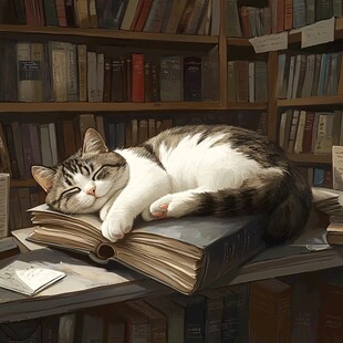 书堆上安睡的猫咪