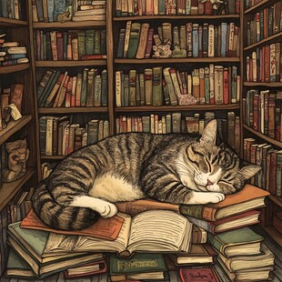 猫咪在书堆中的惬意时光