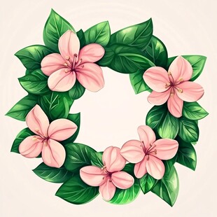 粉色花朵绿叶花环插画