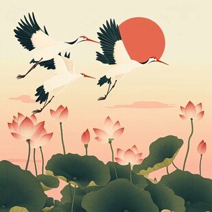 落日下双鹤飞于荷塘间