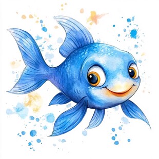 蓝色可爱小鱼水彩插画
