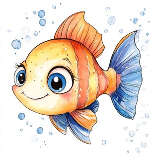 可爱水彩风微笑小金鱼