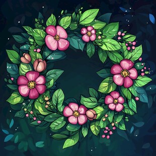 粉色花卉绿叶装饰花环图