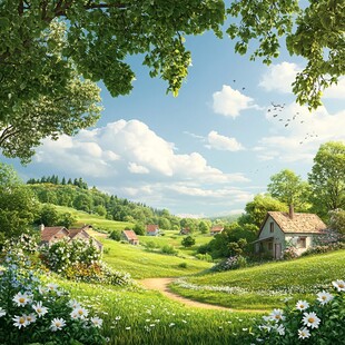 田园风光下的宁静乡村景色