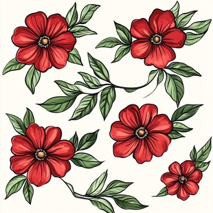 手绘红色花卉与绿叶图案