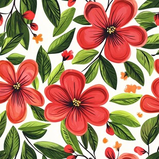 红色花卉绿叶无缝图案