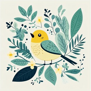 枝头小鸟与繁茂花叶