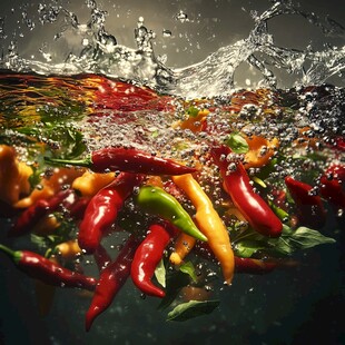 彩椒入水溅起晶莹水花