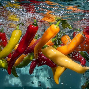 彩椒入水瞬间的绚丽画面