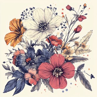 复古风手绘多彩花卉插画