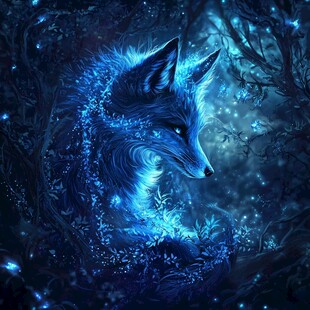 梦幻蓝狐于神秘森林中