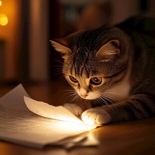猫咪专注凝视灯下纸张