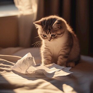 小猫专注看皱巴巴的纸