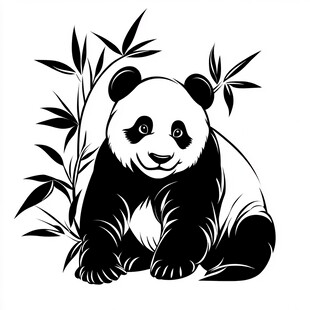 熊猫与竹的黑白插画