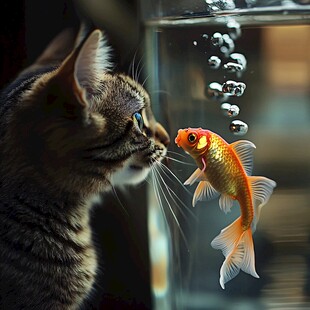 猫咪凝视金鱼的奇妙瞬间