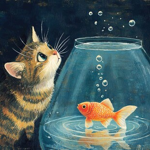 小猫凝视缸中金鱼画面