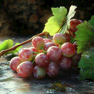 晶莹红葡萄带叶静躺