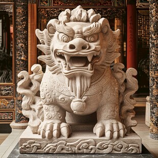 中式古建筑前的石麒麟