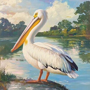 湖畔鹈鹕的悠然一刻