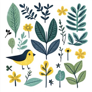 小鸟与花叶的清新插画