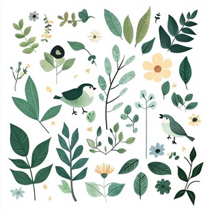 清新绿植小鸟插画元素
