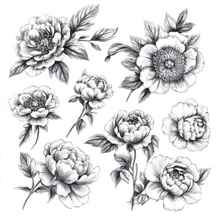 黑白手绘牡丹花图案集合