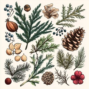 手绘森林植物元素集合