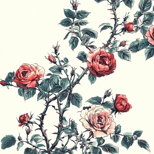 复古风手绘盛开玫瑰花枝