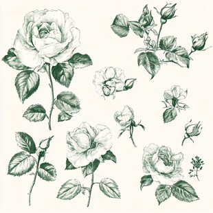 手绘复古风玫瑰花植物图案