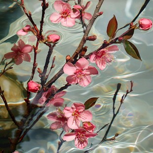 水中绽放的娇艳粉色桃花