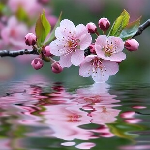 粉嫩樱花枝头绽 水中映景