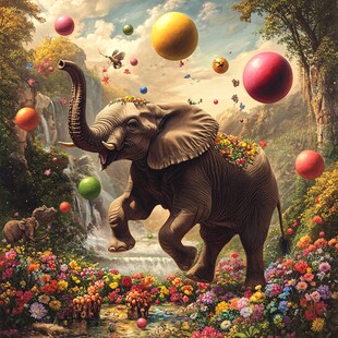 梦幻大象于花海气球间嬉戏