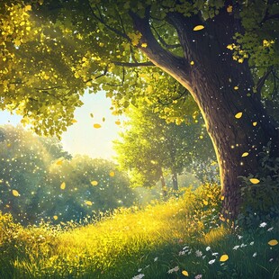 阳光洒落的梦幻森林美景