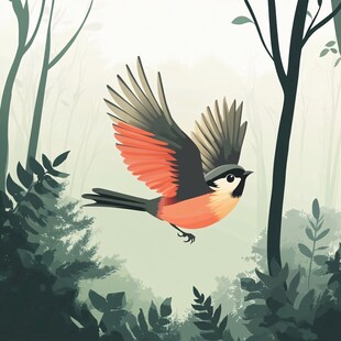 林中飞鸟展翅翱翔瞬间