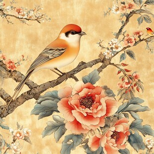 花鸟图 枝头雀与盛开牡丹