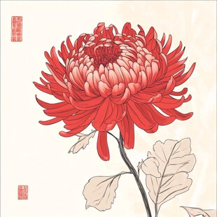 手绘红菊图