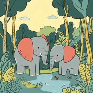 森林中的大象母子温馨画面