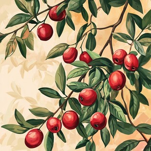 枝头红果绿叶插画