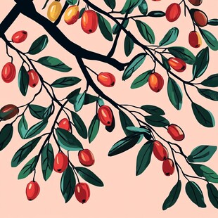 枝头红果绿叶插画