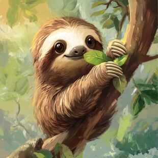 树懒惬意抱枝享绿叶时光