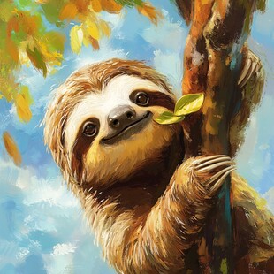 树懒惬意抱树啃食绿叶