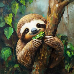 树懒抱树吃树叶萌态图