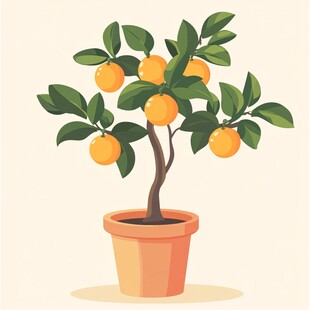 盆栽橘子树 清新插画风格
