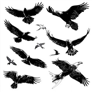 飞翔的鹰与鸟群插画素材