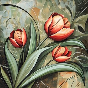 手绘红郁金香与绿叶美景