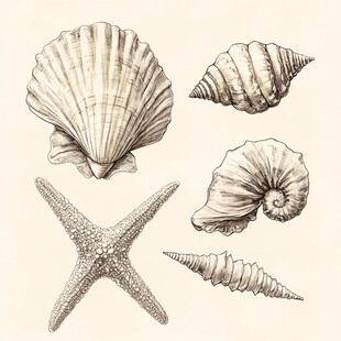 手绘海洋贝壳与海星图案