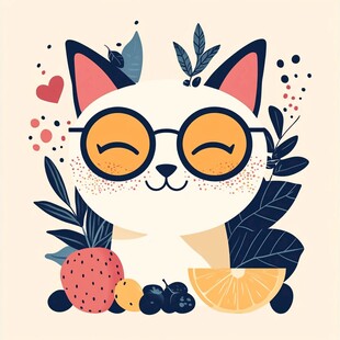 戴眼镜的萌猫与水果