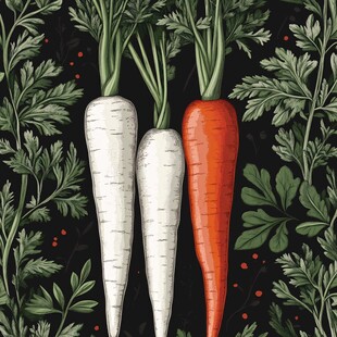 三根胡萝卜与绿叶装饰画